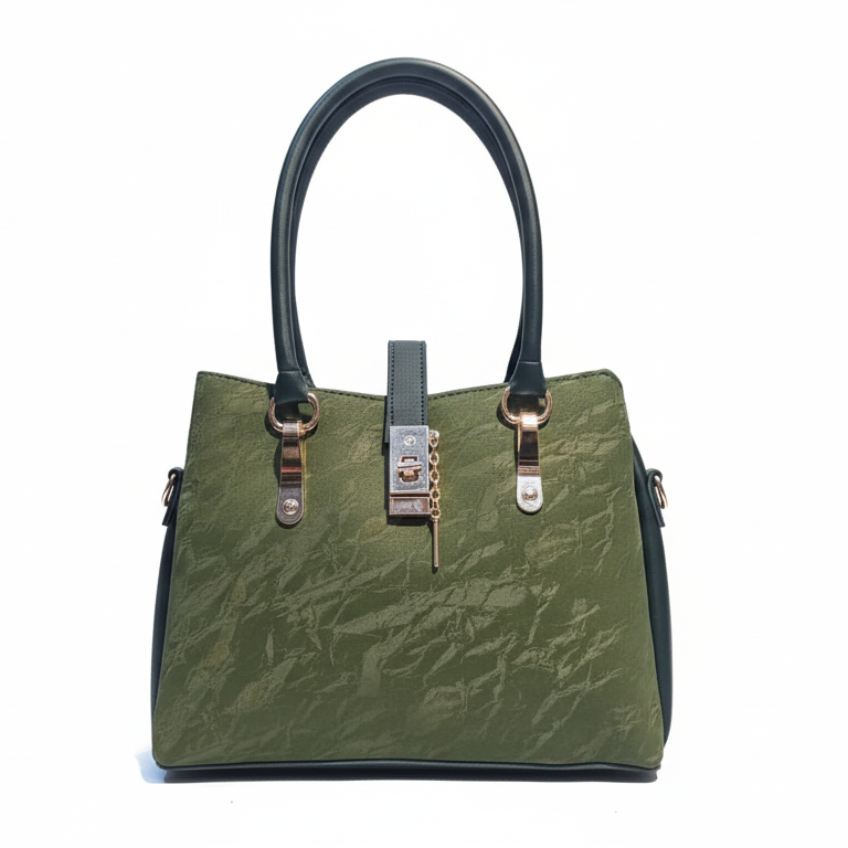 Trendy Olive Green Textured Handbag with Back Zip Pocket