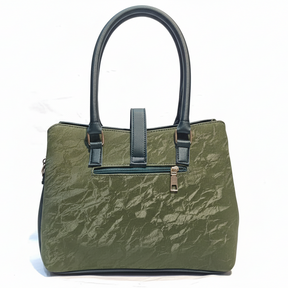Trendy Olive Green Textured Handbag with Back Zip Pocket