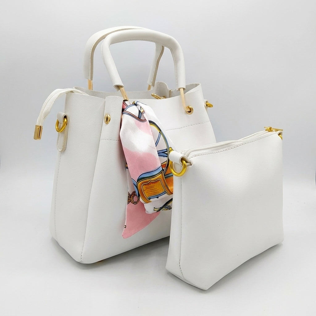 Elegant White 2‑Piece Handbag Set with Matching Pouch & Scarf