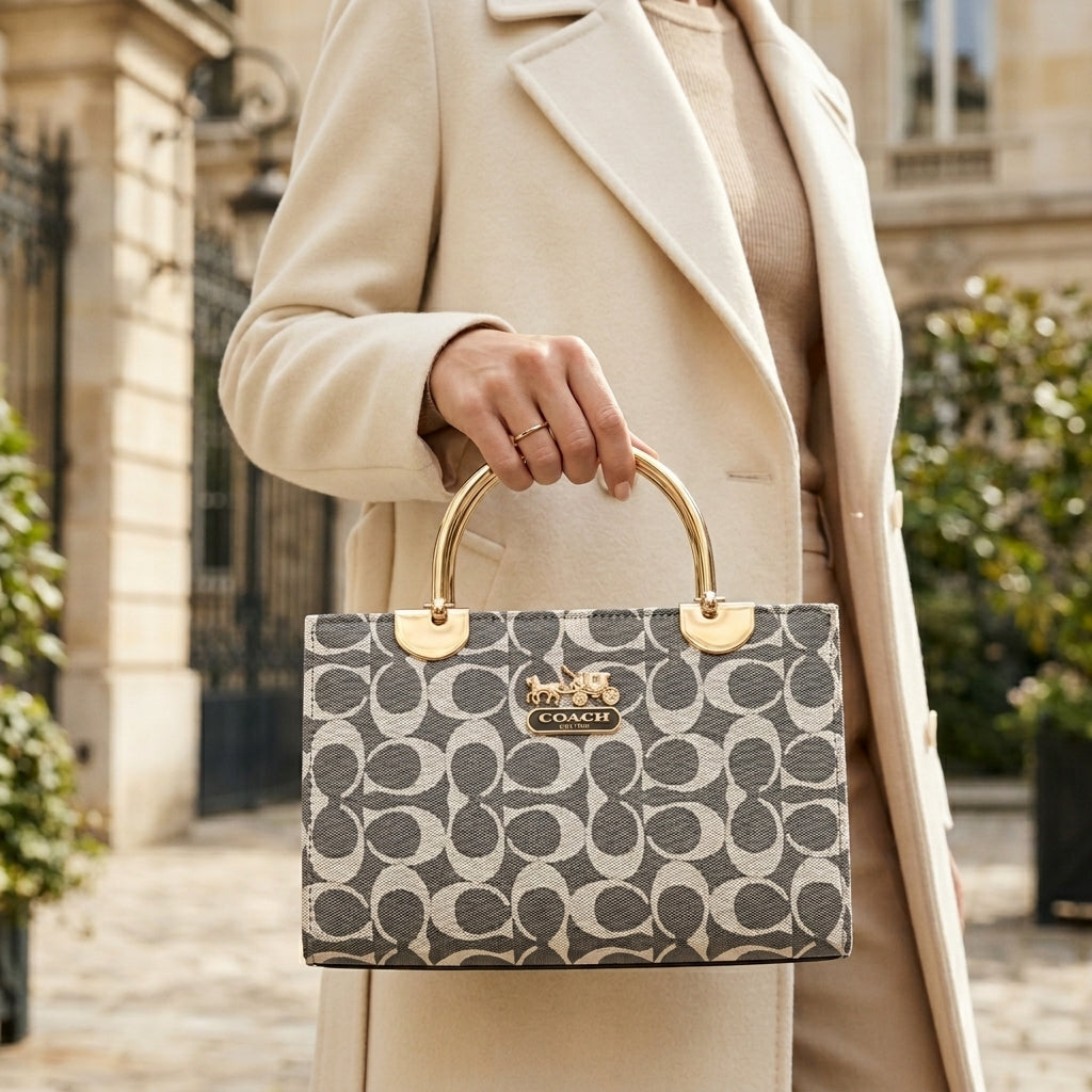 Elegant Grey Monogram Handbag with Gold Handle