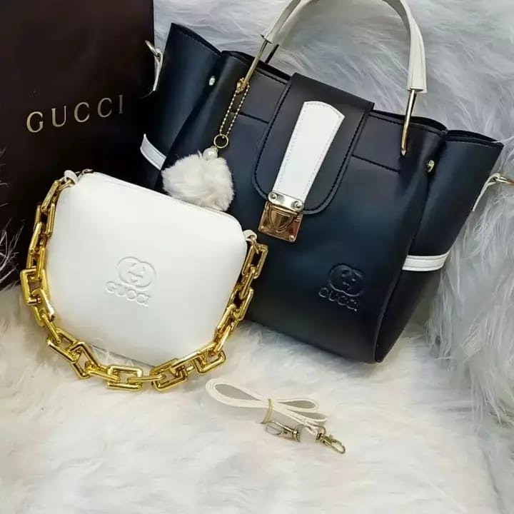 Black & White Statement Handbag Set with Pom-Pom Charm