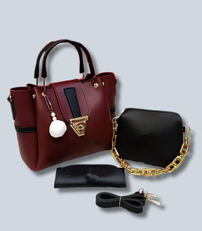 Complete Burgundy & Black Handbag Set (3 Pieces)